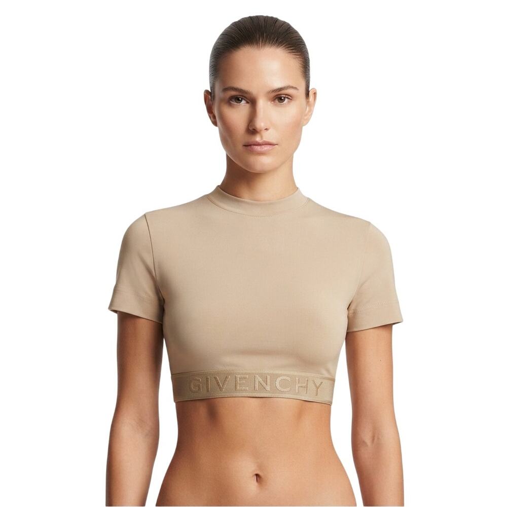Givenchy Logo Band Crew Neck Short Sleeve Crop Top Beige Women's Size XS